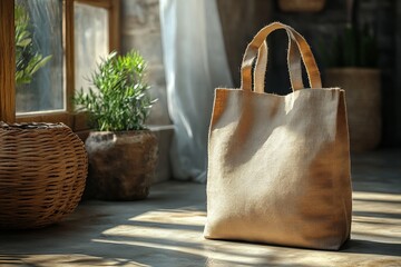Product mockup Eco-friendly burlap tote bag in sunlit room with rustic decor and greenery