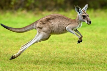 Obraz premium A Majestic Kangaroo Leaps Across a Vibrant Green Field, Capturing the Essence of Australian Wildlife in Motion and Grace.