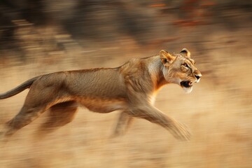 A Majestic Lioness in Full Sprint, Capturing the Essence of Wildebeest Hunts in the African Savanna...