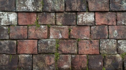 Obraz premium 2410 94.A weathered red brick wall from an ancient building, with large, irregularly shaped stone blocks arranged in a rough pattern. The bricks are chipped and worn, giving the wall a rustic,