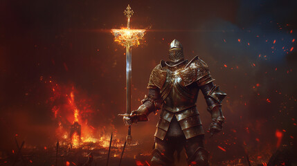 A medieval-themed card with a powerful knight in shining armor standing before a burning battlefield. 