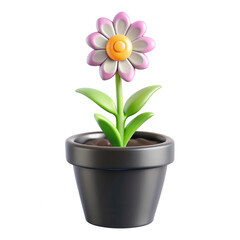 Fototapeta premium A 3D rendered cartoonish flower in a pot, featuring pink petals and a yellow center, showcasing natural beauty and creativity.