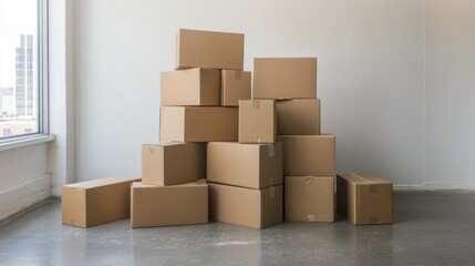 Stack of sealed cardboard boxes arranged on the floor for display purposes