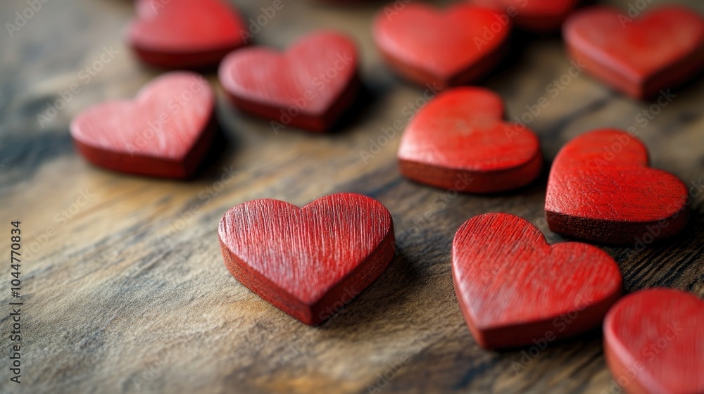 Poster a collection of vibrant red hearts arranged on a table forming an enchanting visual arrangement