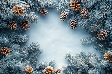 Naklejka premium Winter pinecone and fir branches frame on snowy background - perfect for seasonal and festive designs