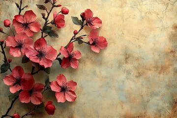 Fototapeta premium Elegant red blossoms against a vintage textured background