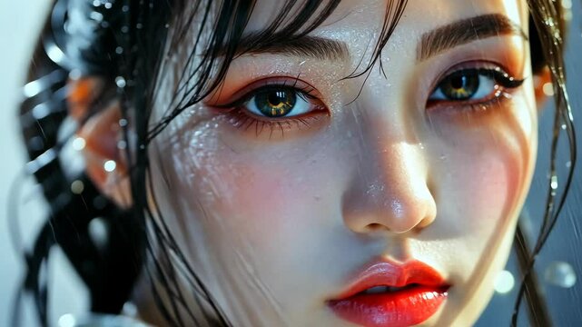 A woman with wet hair and red lipstick looks directly at the camera