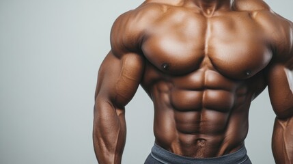 Fototapeta premium Fitness model showcasing a well defined torso with prominent abdominal muscles against a plain backdrop
