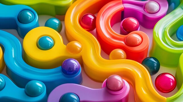 2410 62.Close-up of a brightly colored marble run toy set, displaying the intricate construction of interlocking pieces in a variety of shapes and sizes. The image captures the vibrant colors and the