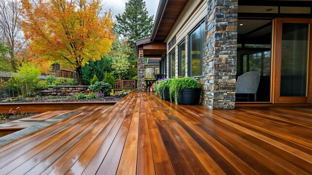 A wet wooden deck outside a house with a stone wall and autumn trees in the background
