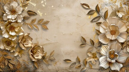 Fototapeta premium Classic wallpaper with soft colored paper flowers and gold spray background.