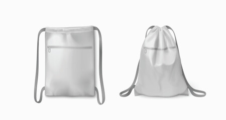 White backpack mockup with thin long drawstring for carrying gym clothes or school tools. Realistic 3d vector illustration set of blank soft fabric shoulder rucksack with string strap template.
