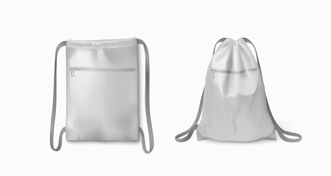 White backpack mockup with thin long drawstring for carrying gym clothes or school tools. Realistic 3d vector illustration set of blank soft fabric shoulder rucksack with string strap template.