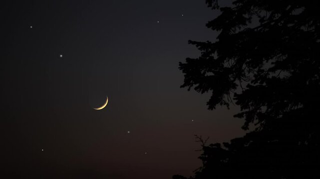 Crescent Moon, stars, planet conjunction and landscape scenery silhouettes.	
