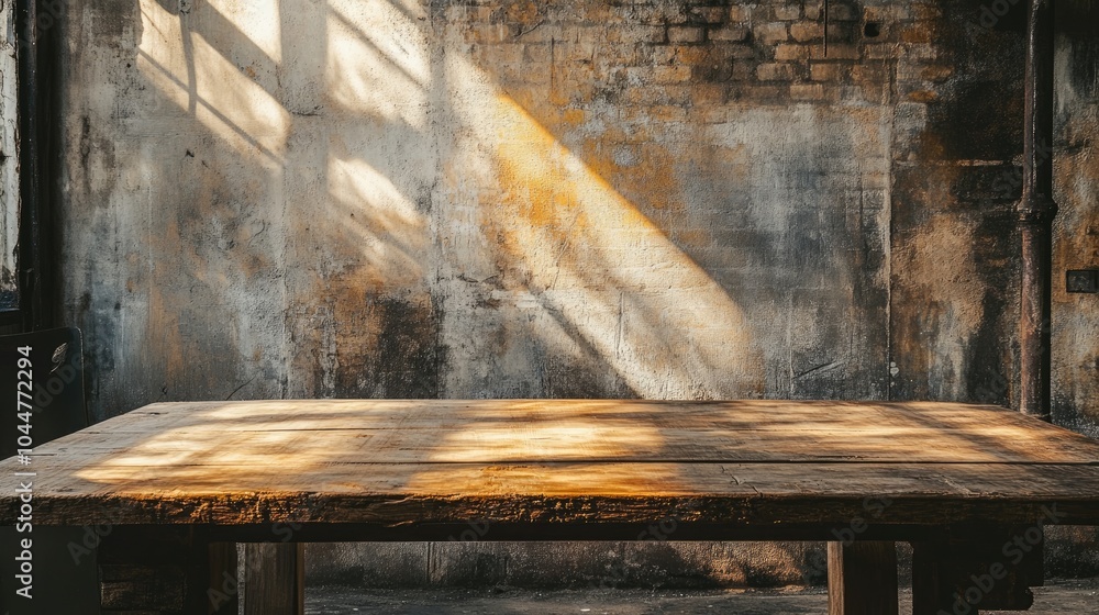 Poster vintage wooden table in a workshop setting with natural sunlight creating shadows complemented by a 