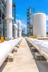 Obraz premium Large tanks and pipelines at a gas processing plant, industrial perspective