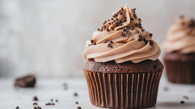 Chocolate cupcake with brown frosting and chocolate sprinkles