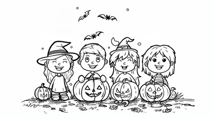 Happy children near the Halloween pumpkins. Coloring book page for kids. Black and white illustration