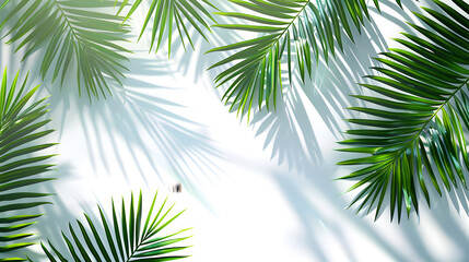 Fototapeta premium Abstract palm leaves shadow on white background, blank white background with palm leaf pattern