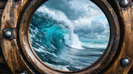 Rustic ship's porthole framing a stormy sea, waves crashing against the ship, dramatic sky filled with clouds, powerful oceanic scene full of energy