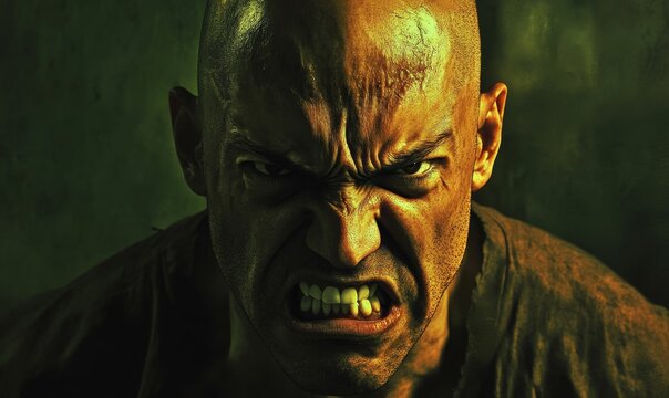 Angry, bald man with crooked teeth.
