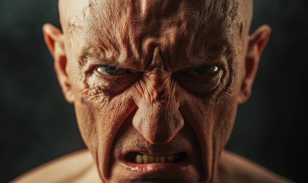 Close-up of an angry, bald man.