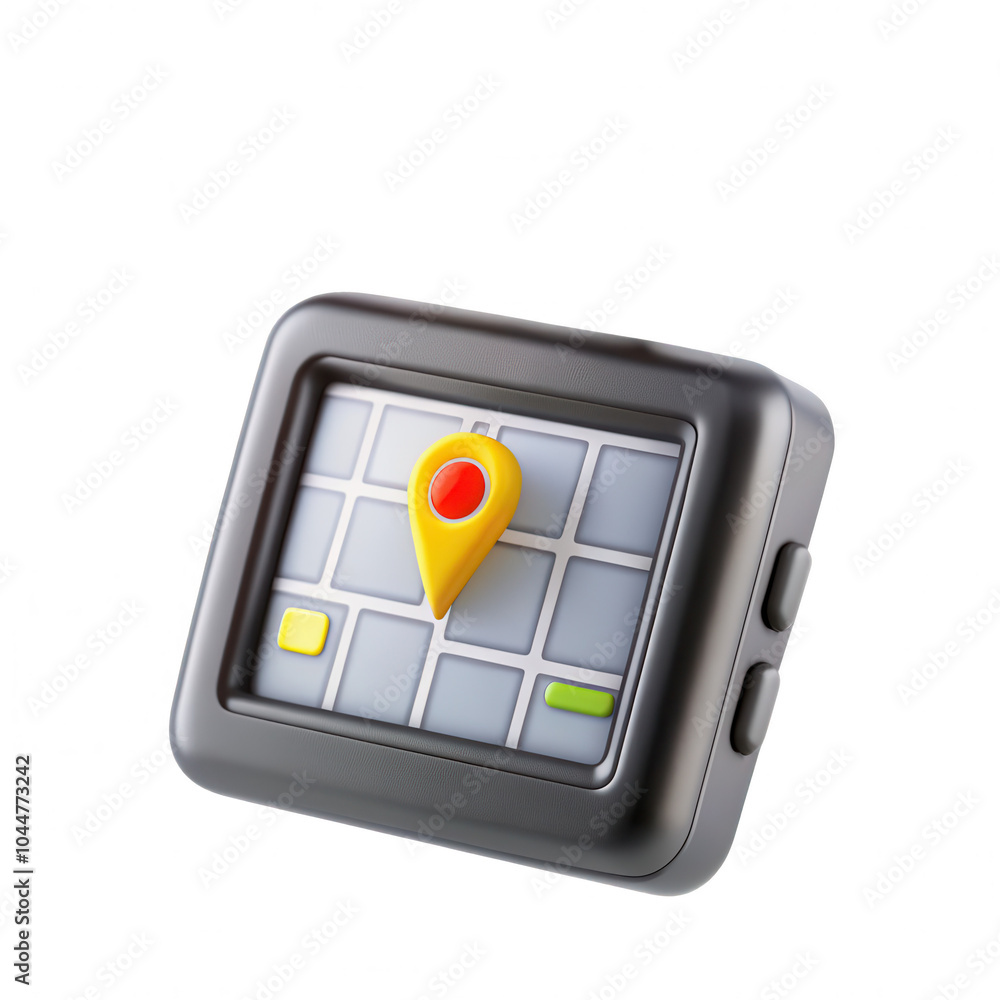 Poster a 3d-rendered navigation device showing a map with a prominent yellow location marker, designed for 