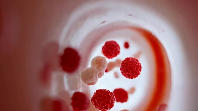 Graceful red blood cells flow through a vessel, carrying oxygen and removing carbon dioxide, showcasing the beauty of biology and our interconnected anatomy. AI-generated