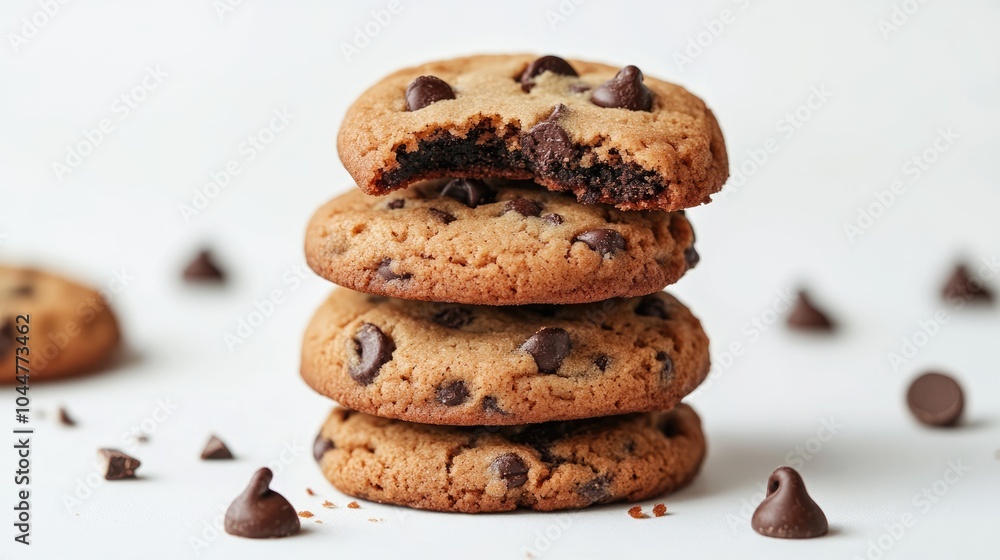 Poster stack of chocolate chip cookies with one partially eaten set against a white background a delightful