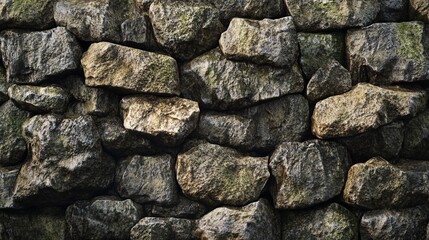 2410 87.A detailed view of a stone wall, showcasing the unique shapes and sizes of the stones arranged in a random yet cohesive pattern. The rough surface of each stone adds depth and character to