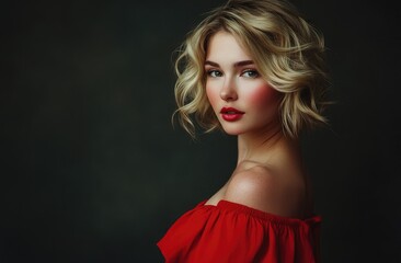 Naklejka premium Portrait of a beautiful blonde woman with short wavy hair wearing a red dress on an isolated background.