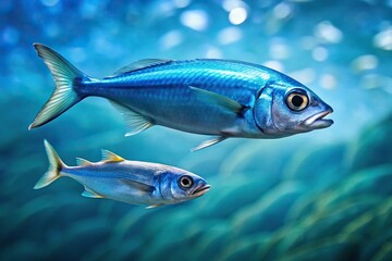 Fototapeta premium Underwater scene of a macro shot of blue fish and small herring swimming in the sea, with Pisces catching fish.