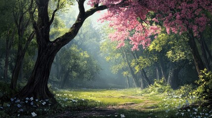Spring landscape of woodlands in a serene natural setting