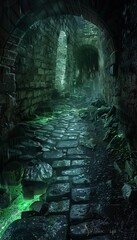 Exploring a dark medieval sewer  crumbling walls and glowing green liquid in a grim environment