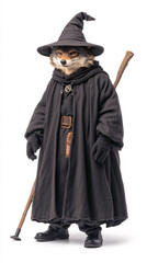 Naklejka premium Explore the enchanting world of a fox wizard dressed in a flowing black cloak and wielding a magical wand embodying the spirit of mythical adventures