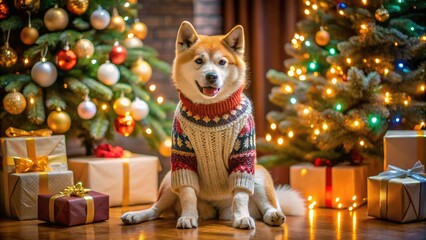 Adorable Akito Inu Dog in Festive Sweater by Christmas Tree Surrounded by Colorful Gift Boxes in Long Exposure Shot for Holiday Cheer