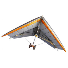 A 3D render of a hang glider with an orange and gray color scheme. It's isolated against a dark background, showcasing its sleek design and components.