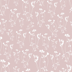 Seamless pattern of thin, white floral silhouettes on a muted, dusty pink background