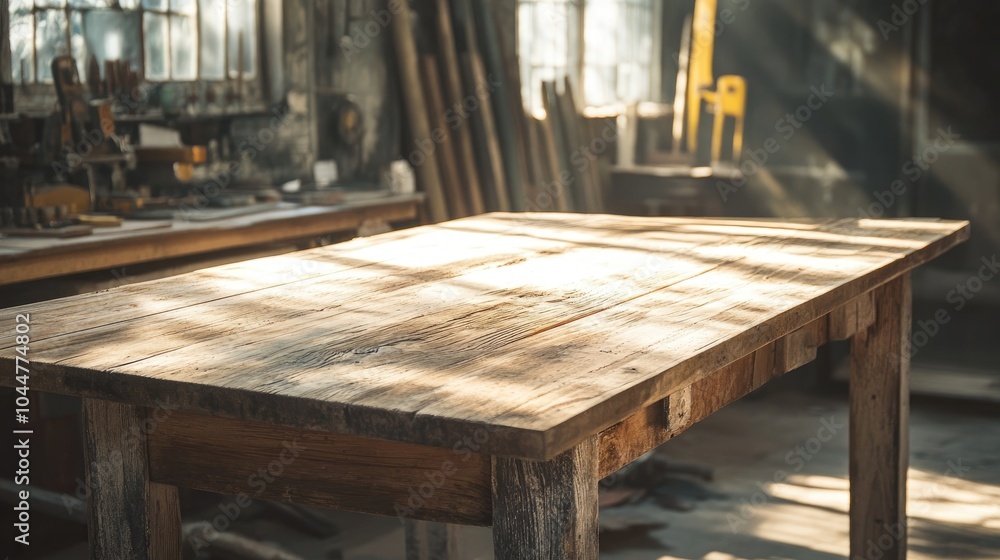 Poster vintage wooden table in a workshop setting with natural sunlight creating shadows complemented by a 
