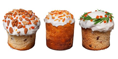 Collection of Easter cakes with icing and nuts, decorated with fruits and herbs, isolated.