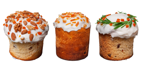 Collection of Easter cakes with icing and nuts, decorated with fruits and herbs, isolated.