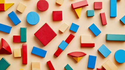 2410 99.A flat-lay image of colorful wooden building blocks in various sizes, with bright reds, blues, greens, and yellows spread across a neutral background. The simplicity and vibrancy of the