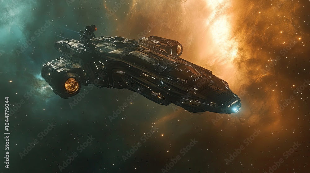 Poster a futuristic spaceship soaring through a celestial nebula
