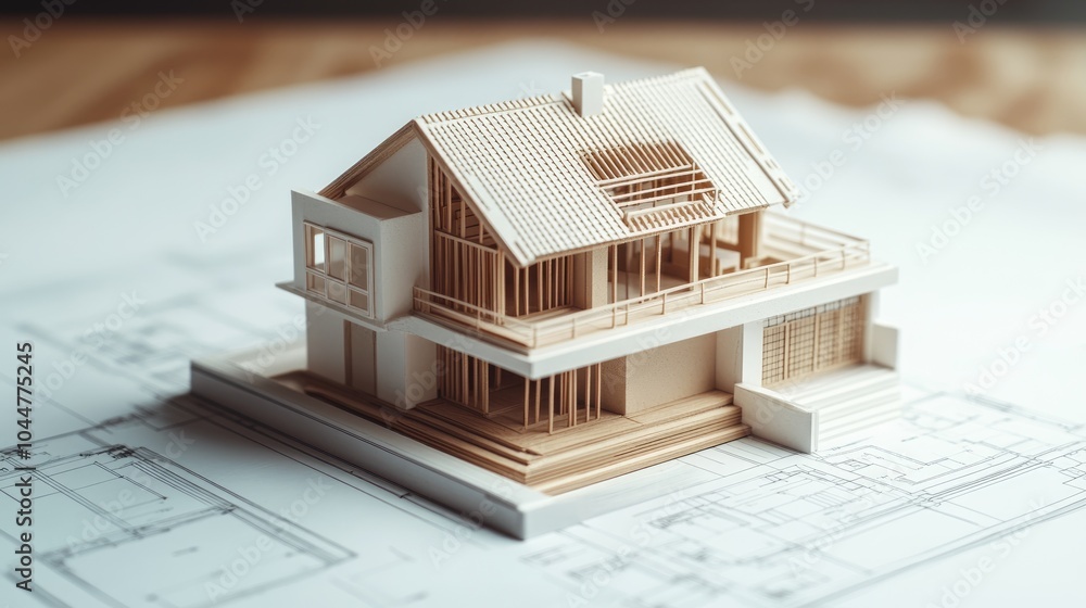 Poster a detailed architectural model of a house is placed on blueprint plans representing the concepts of 