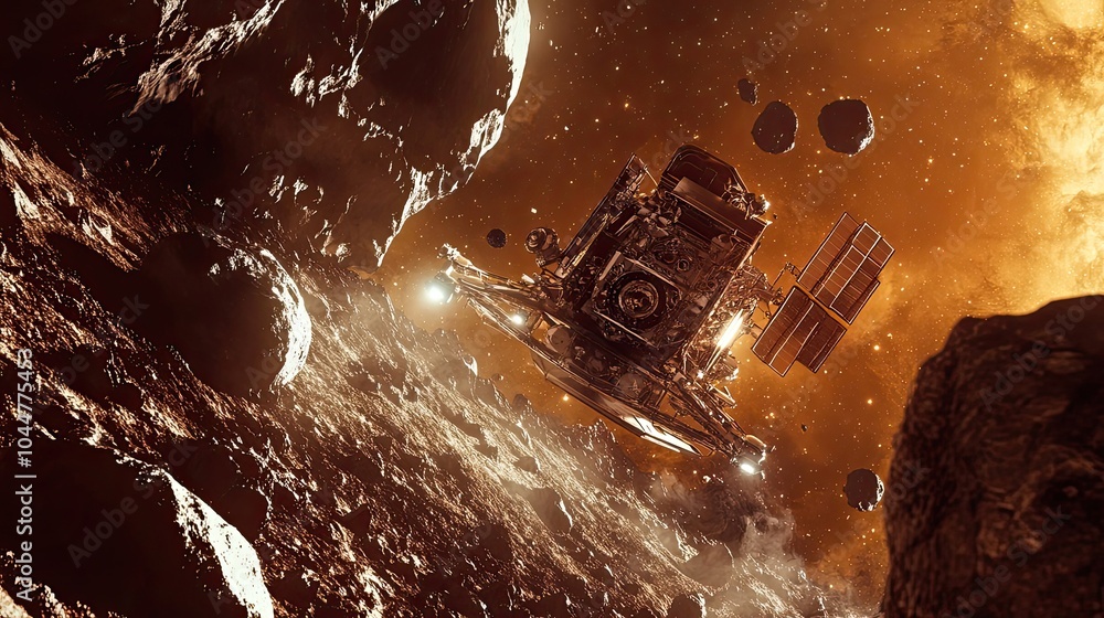 Poster spacecraft navigating through a field of asteroids