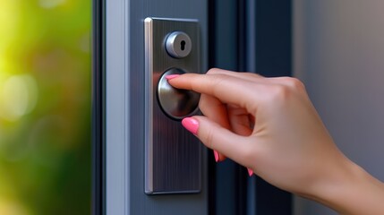 Naklejka premium Close up of a woman s finger pressing a doorbell
