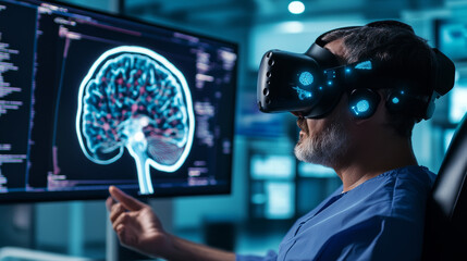 A man wearing virtual reality headset interacts with digital brain model on screen, showcasing advanced technology in neuroscience. scene reflects innovation and exploration in medical research