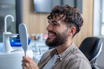 Bearded patient receiving dental treatment in clinic using mirror to look at braces