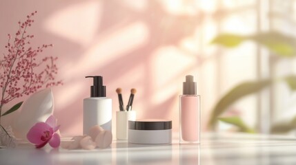 Collection of cosmetic items on a table with a blurred backdrop leaving space for text