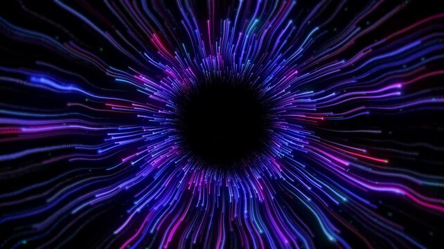 Blue Wavy Particles Radiating from Center in Abstract Motion